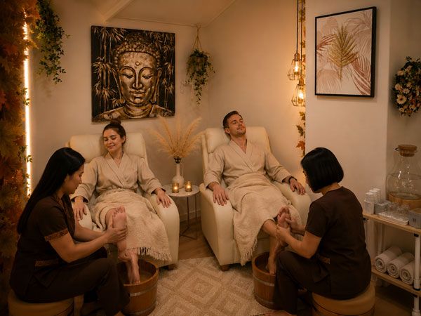 Two guests receiving a side-by-side Thai massage in a private room at Enyo Athens