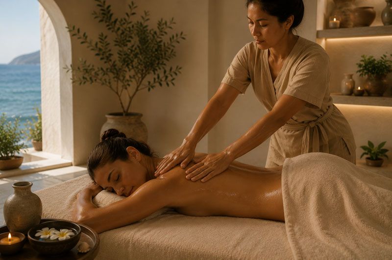 Long flowing Lomi-Lomi strokes on the back during a recovery massage at Enyo Athens