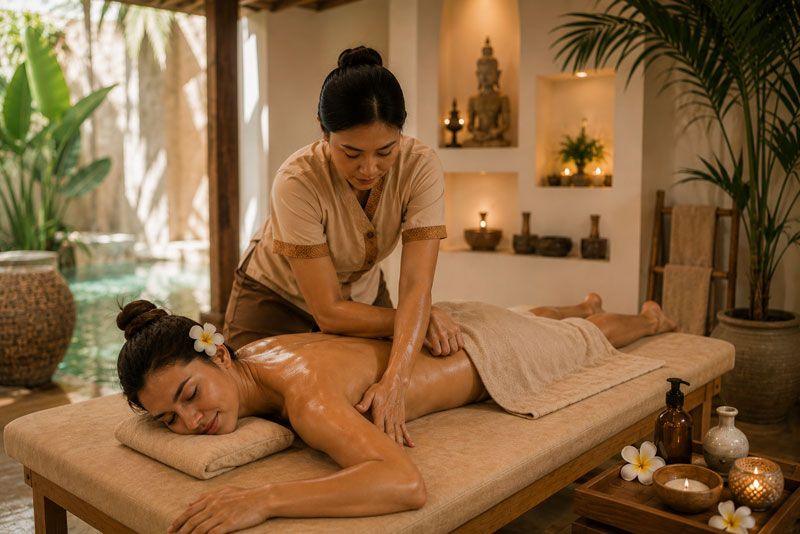 Therapist performing a Thai–Balinese oil massage on the back at Enyo Thai Massage Athens