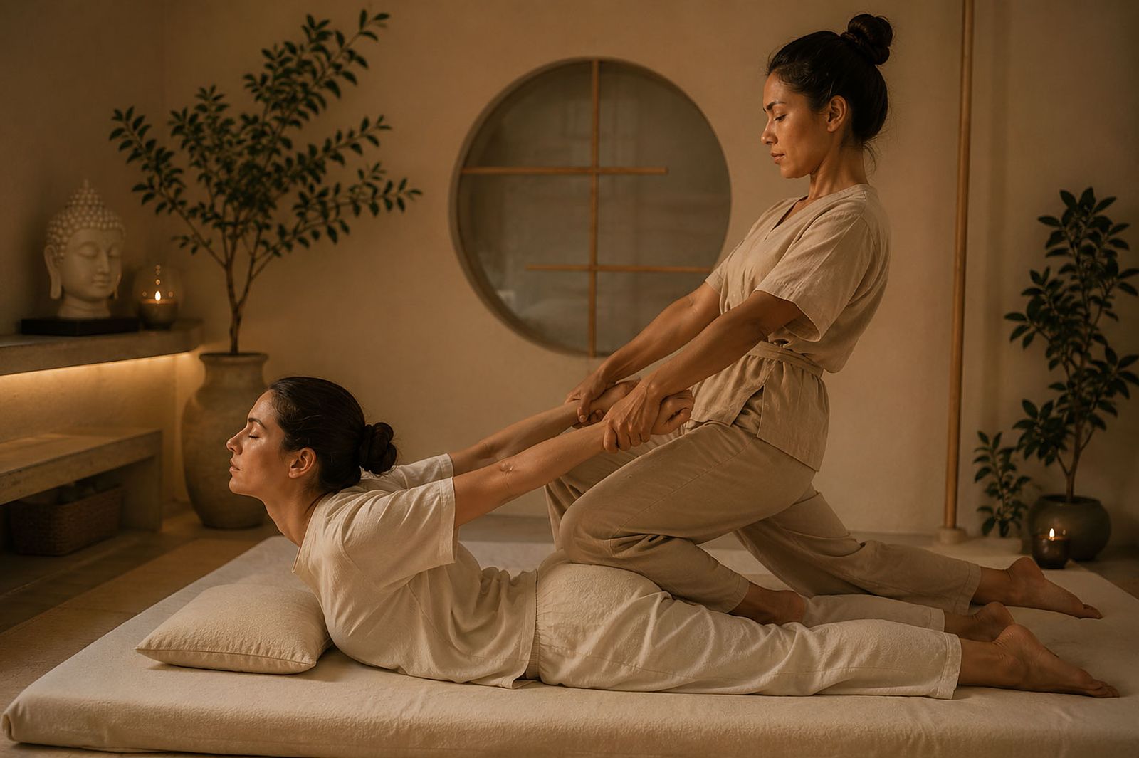 Therapist guiding an assisted Thai stretch on a floor mattress during traditional Thai massage in Athens