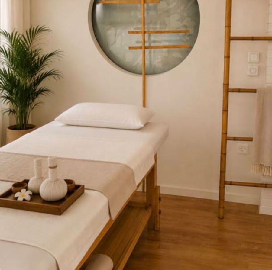 Massage bed with Thai herbal compresses on a wooden tray, palm and bamboo ladder at Enyo Athens